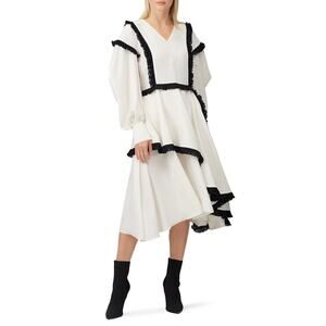 ADEAM Assymetrical midi Dress sz 2 Flouncy White black coquette romantic ruffle